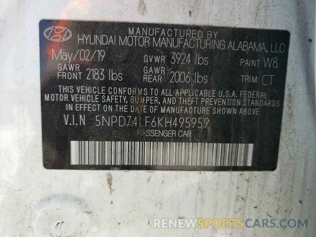 12 Photograph of a damaged car 5NPD74LF6KH495959 HYUNDAI ELANTRA 2019