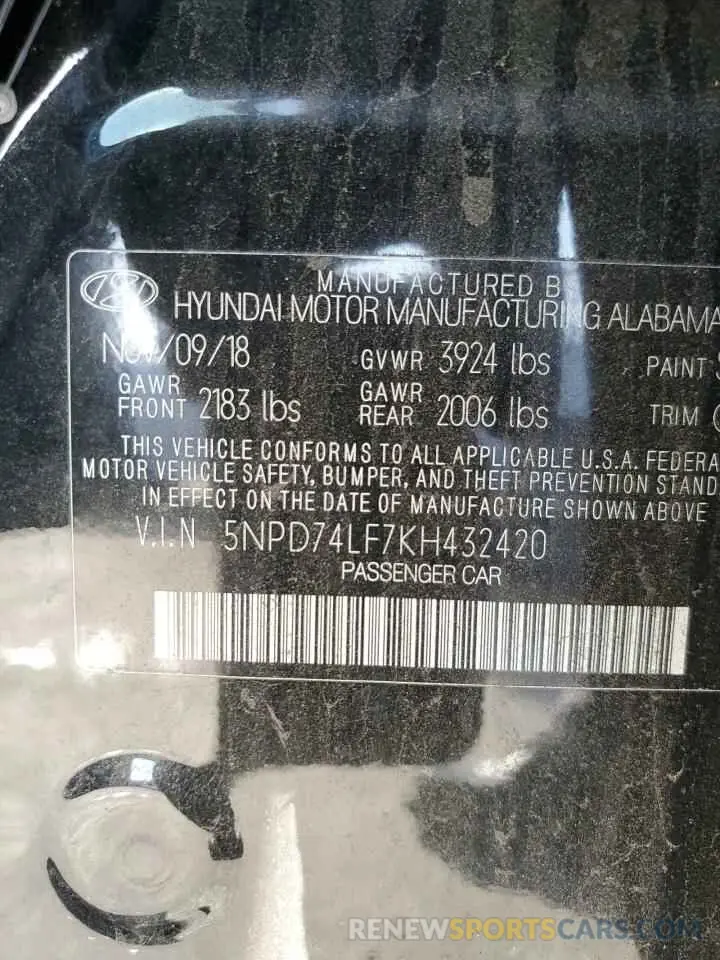 14 Photograph of a damaged car 5NPD74LF7KH432420 HYUNDAI ELANTRA 2019