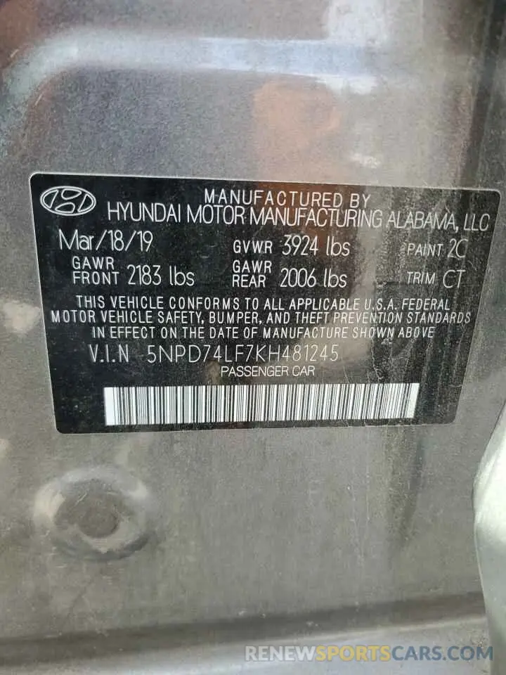 13 Photograph of a damaged car 5NPD74LF7KH481245 HYUNDAI ELANTRA 2019