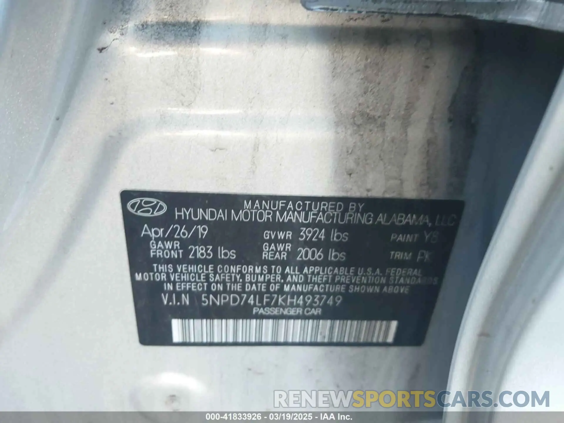 9 Photograph of a damaged car 5NPD74LF7KH493749 HYUNDAI ELANTRA 2019