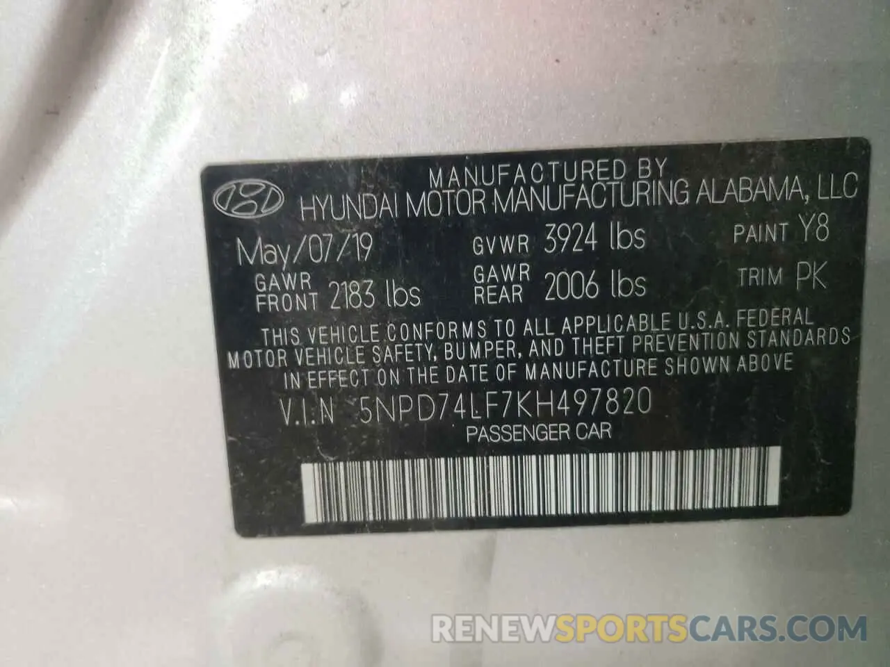 12 Photograph of a damaged car 5NPD74LF7KH497820 HYUNDAI ELANTRA 2019