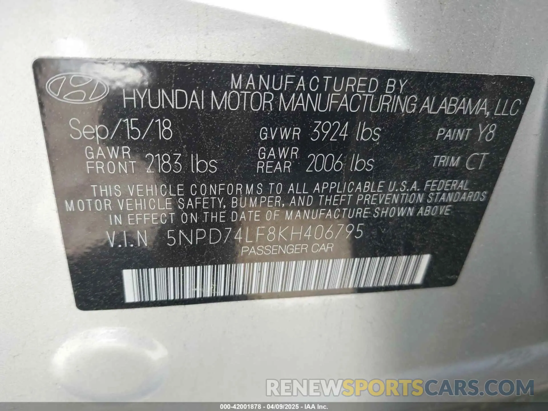 9 Photograph of a damaged car 5NPD74LF8KH406795 HYUNDAI ELANTRA 2019