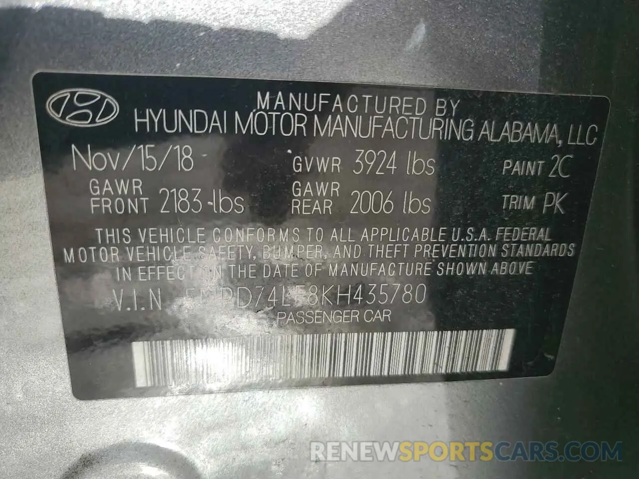 13 Photograph of a damaged car 5NPD74LF8KH435780 HYUNDAI ELANTRA 2019