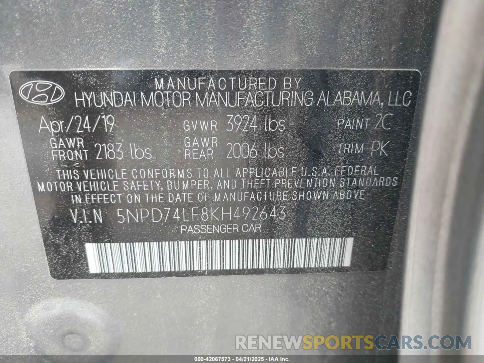 9 Photograph of a damaged car 5NPD74LF8KH492643 HYUNDAI ELANTRA 2019