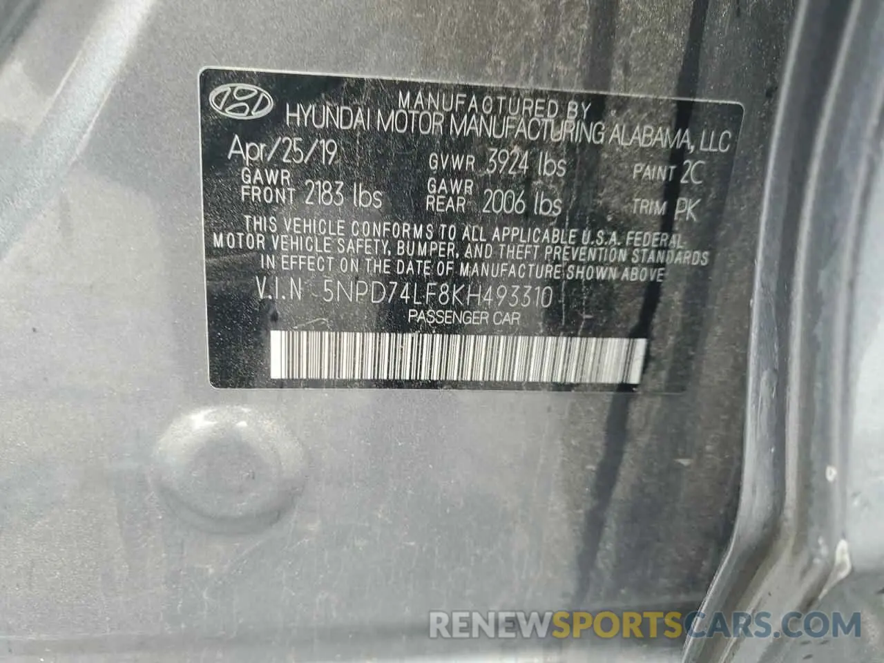 12 Photograph of a damaged car 5NPD74LF8KH493310 HYUNDAI ELANTRA 2019