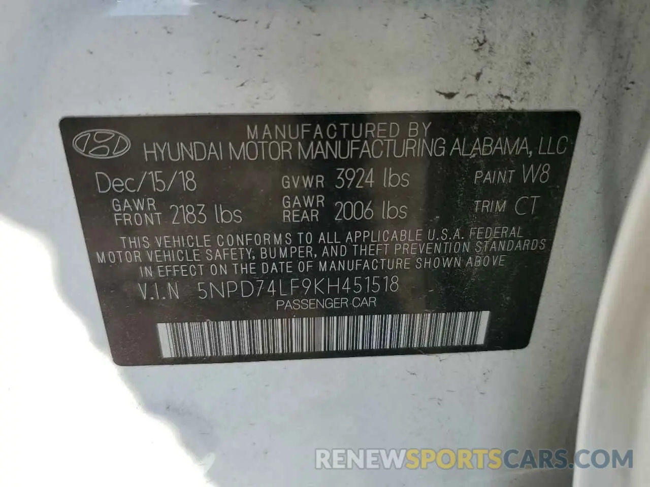 12 Photograph of a damaged car 5NPD74LF9KH451518 HYUNDAI ELANTRA 2019