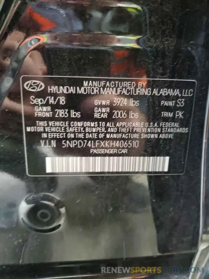 12 Photograph of a damaged car 5NPD74LFXKH406510 HYUNDAI ELANTRA 2019