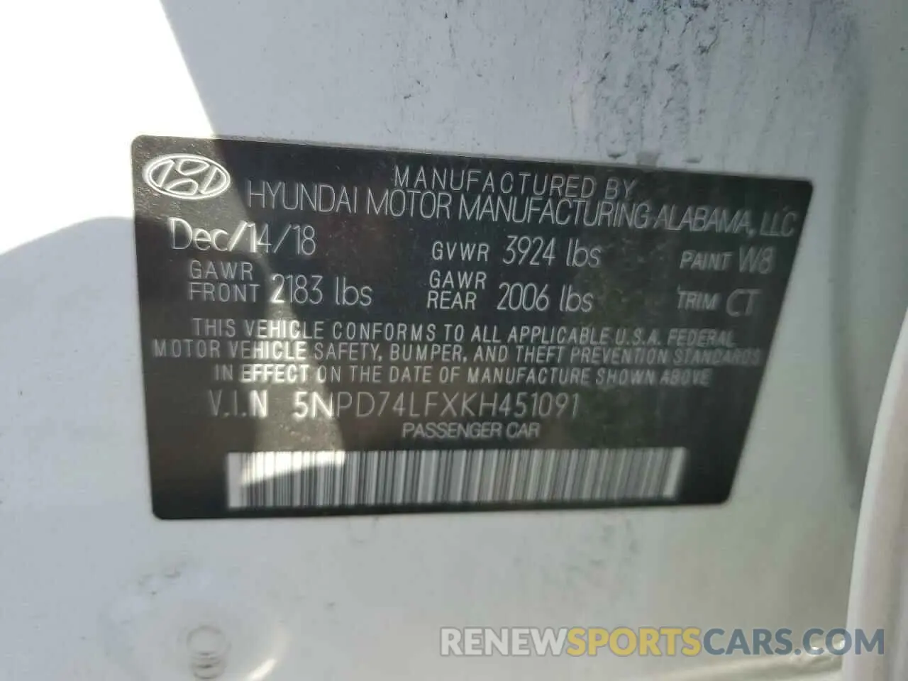 12 Photograph of a damaged car 5NPD74LFXKH451091 HYUNDAI ELANTRA 2019