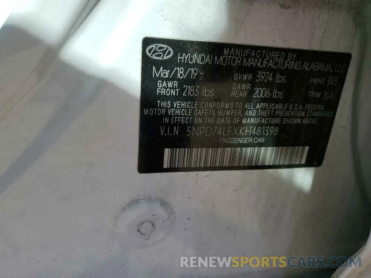 15 Photograph of a damaged car 5NPD74LFXKH481398 HYUNDAI ELANTRA 2019