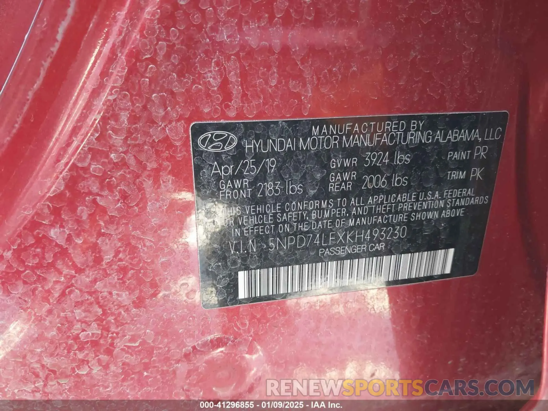 9 Photograph of a damaged car 5NPD74LFXKH493230 HYUNDAI ELANTRA 2019
