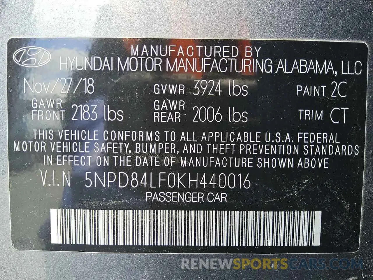 12 Photograph of a damaged car 5NPD84LF0KH440016 HYUNDAI ELANTRA 2019