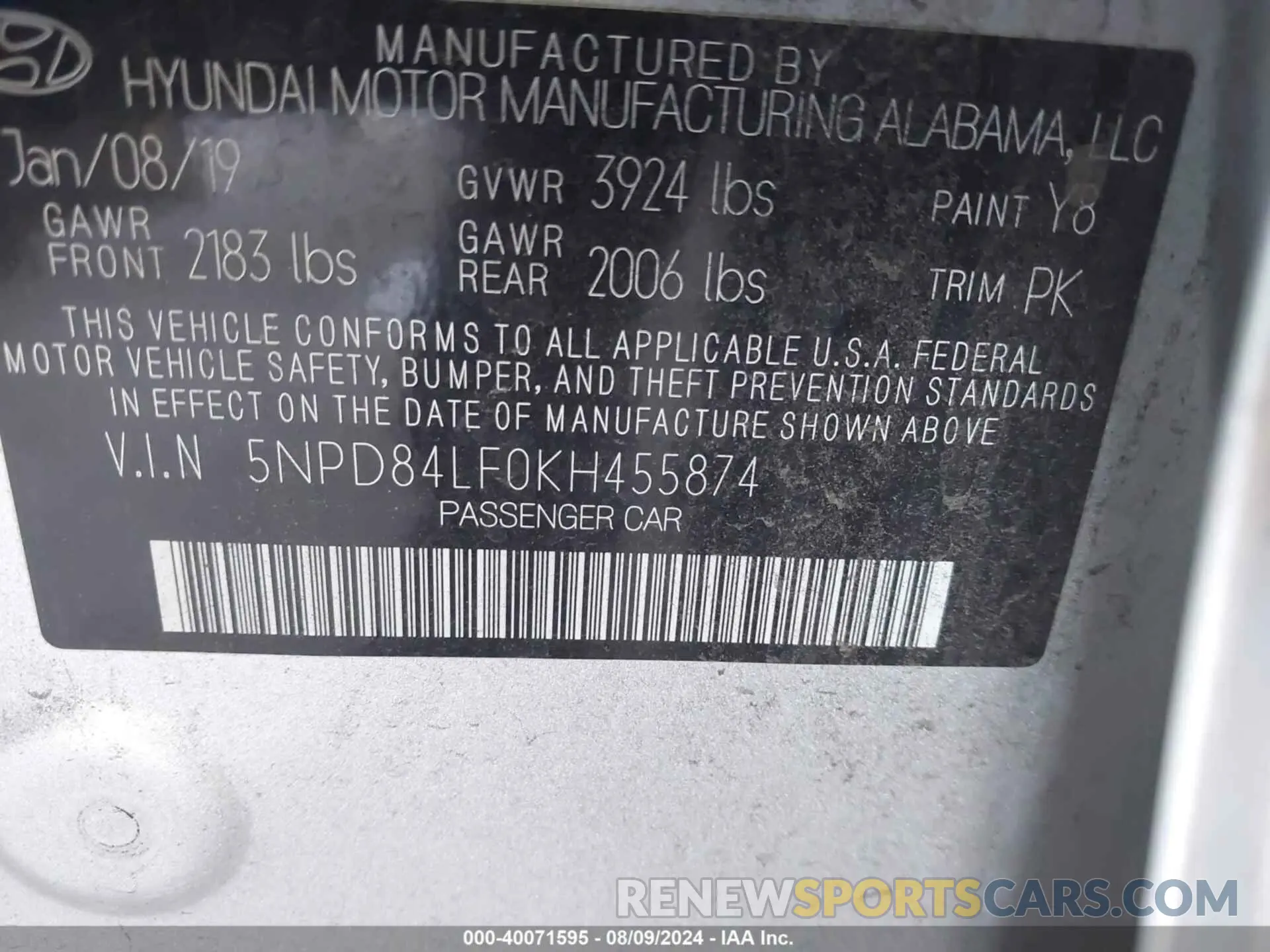 9 Photograph of a damaged car 5NPD84LF0KH455874 HYUNDAI ELANTRA 2019