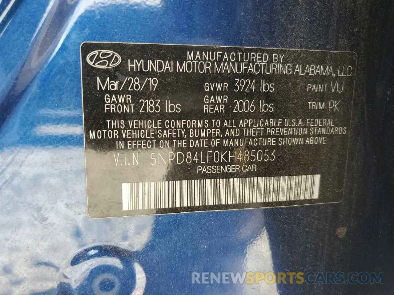 12 Photograph of a damaged car 5NPD84LF0KH485053 HYUNDAI ELANTRA 2019