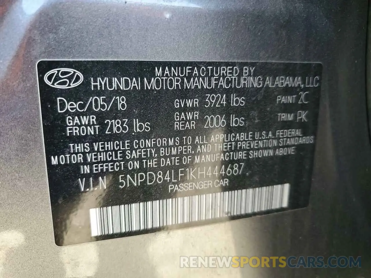 14 Photograph of a damaged car 5NPD84LF1KH444687 HYUNDAI ELANTRA 2019