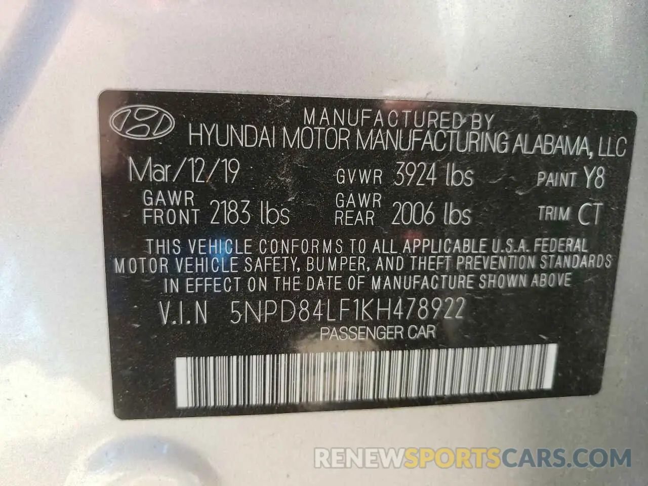 14 Photograph of a damaged car 5NPD84LF1KH478922 HYUNDAI ELANTRA 2019