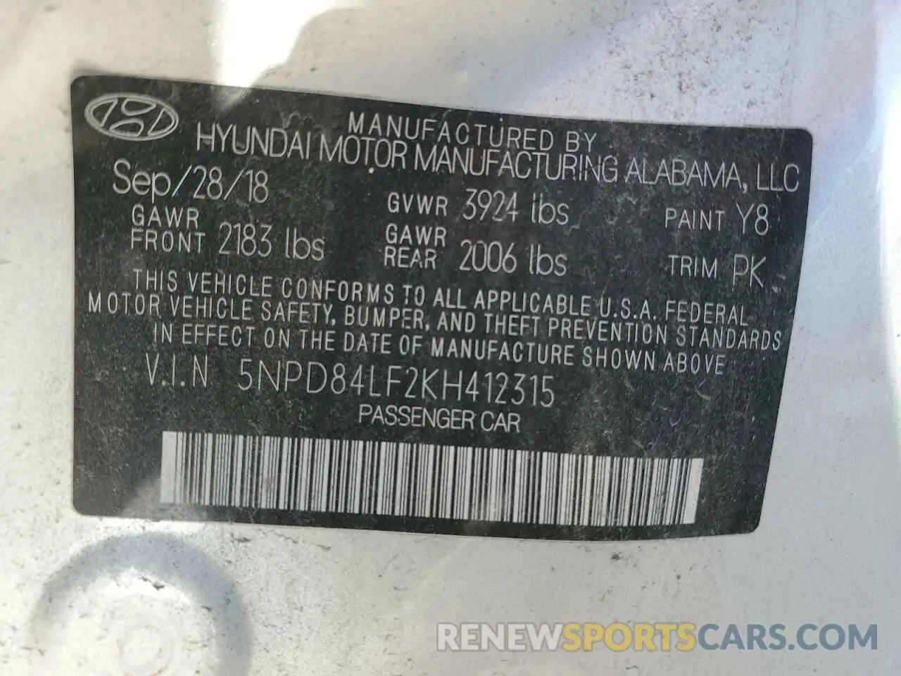 14 Photograph of a damaged car 5NPD84LF2KH412315 HYUNDAI ELANTRA 2019