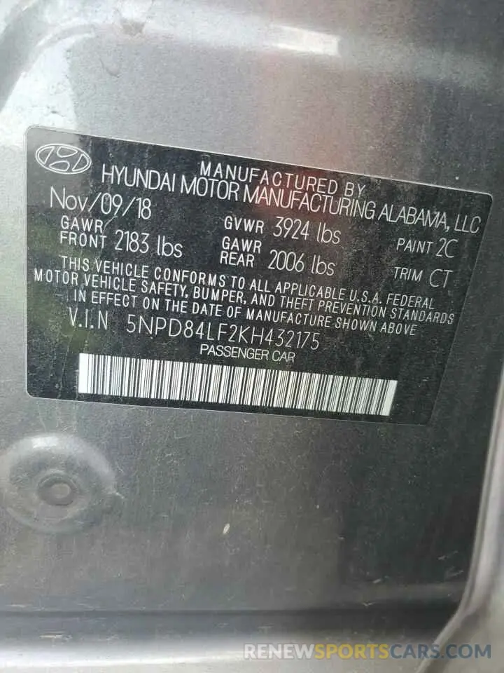 12 Photograph of a damaged car 5NPD84LF2KH432175 HYUNDAI ELANTRA 2019
