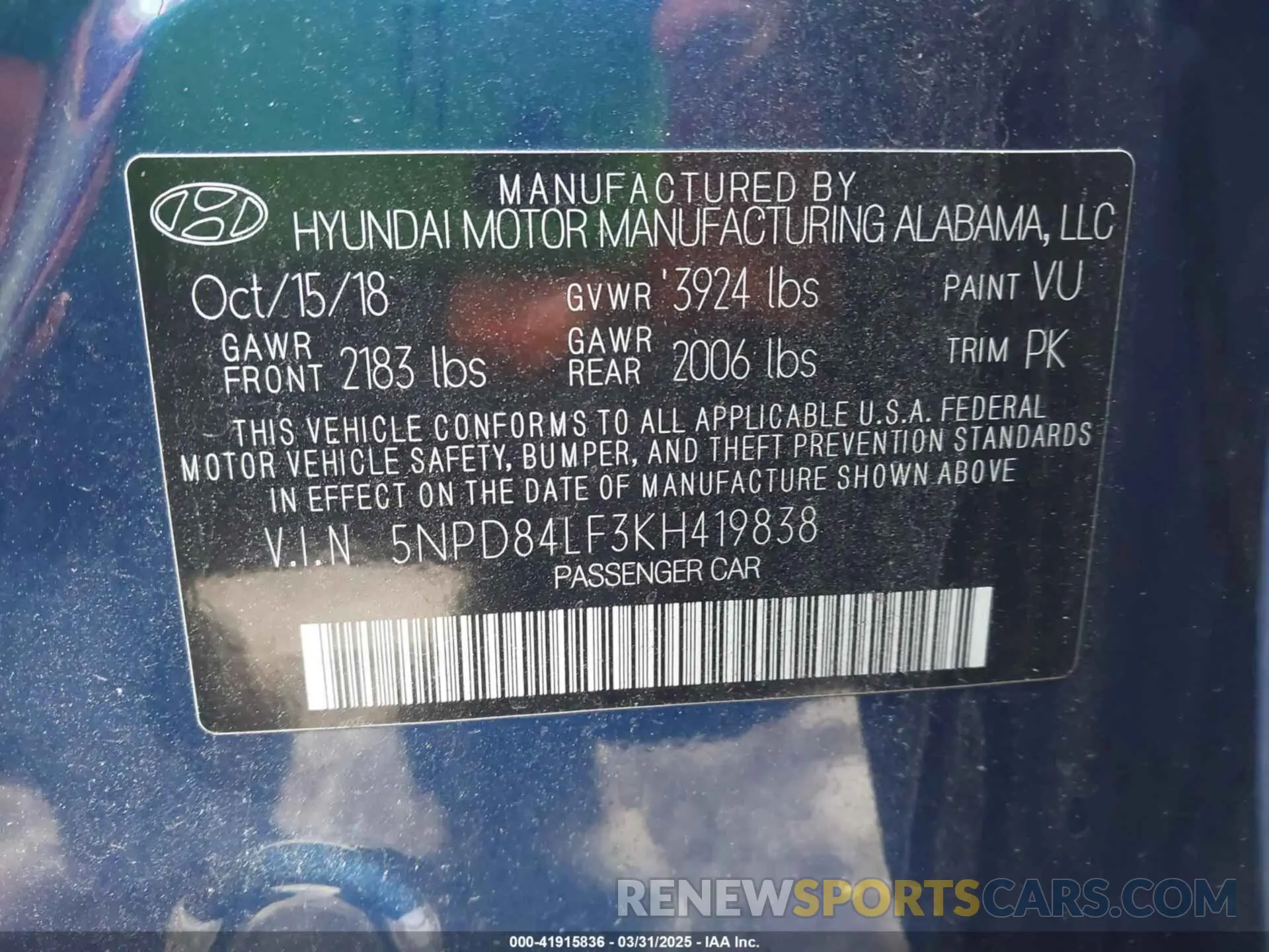 9 Photograph of a damaged car 5NPD84LF3KH419838 HYUNDAI ELANTRA 2019