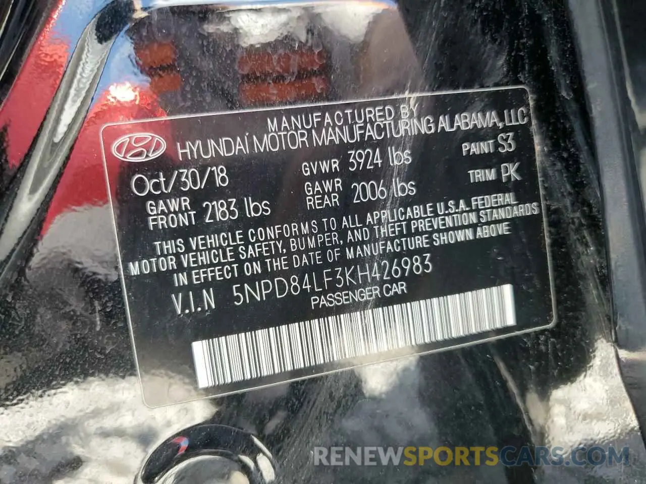 13 Photograph of a damaged car 5NPD84LF3KH426983 HYUNDAI ELANTRA 2019