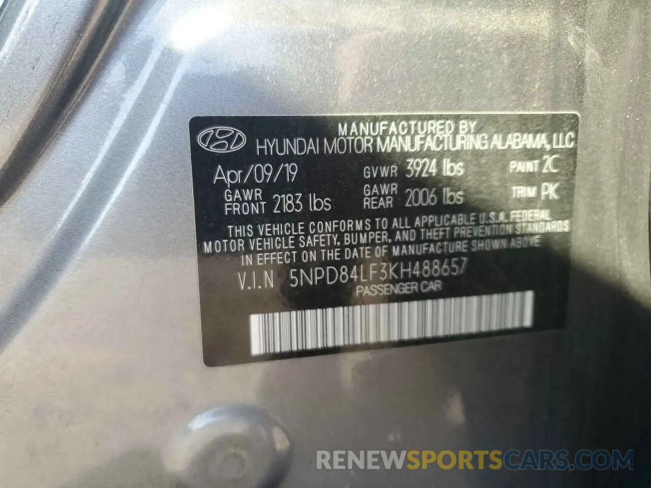 12 Photograph of a damaged car 5NPD84LF3KH488657 HYUNDAI ELANTRA 2019