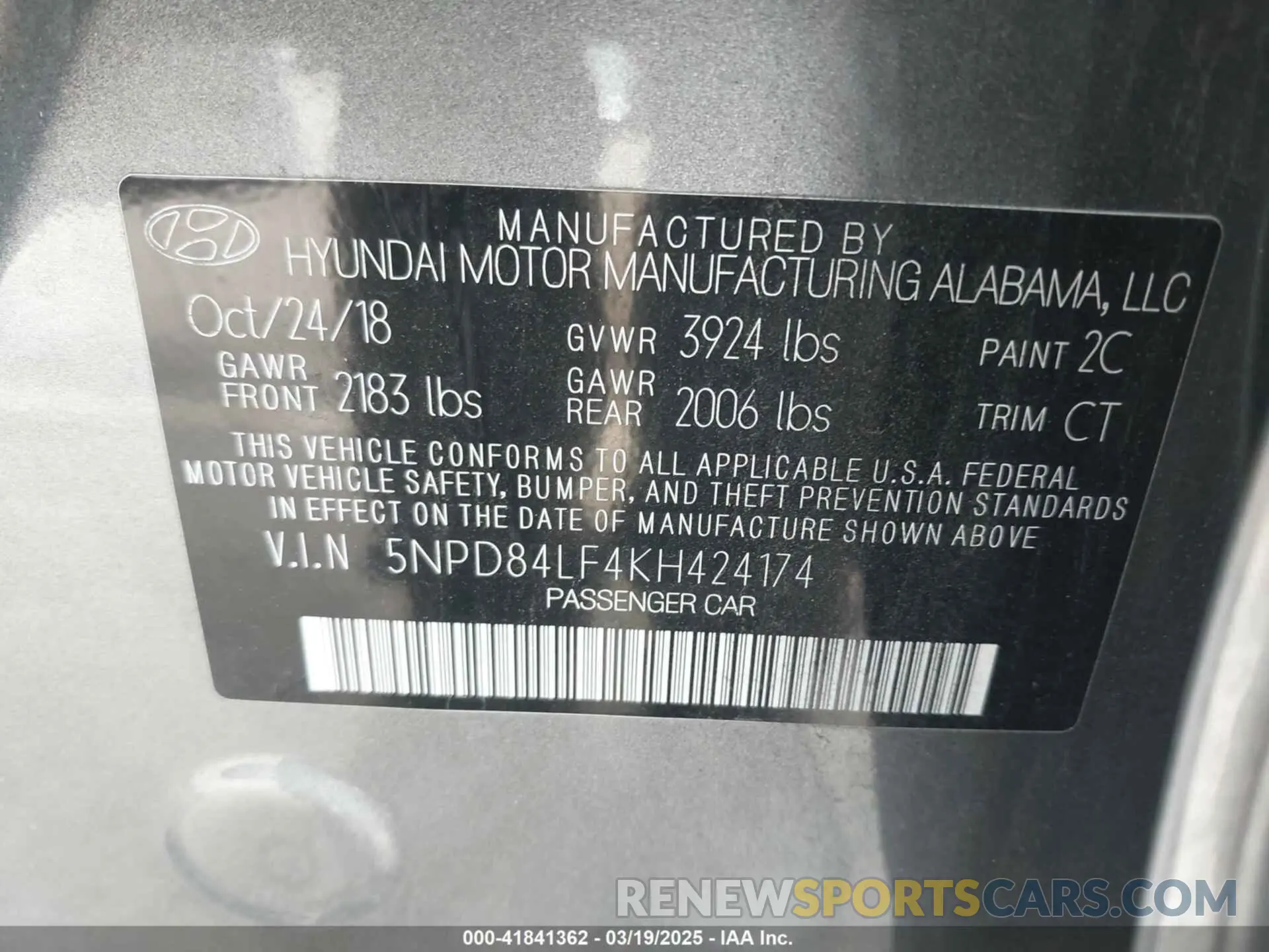 9 Photograph of a damaged car 5NPD84LF4KH424174 HYUNDAI ELANTRA 2019