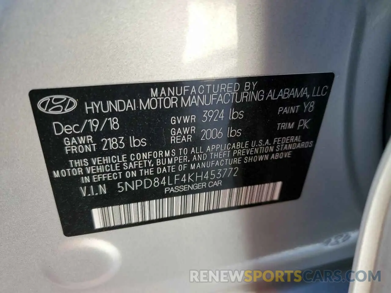 12 Photograph of a damaged car 5NPD84LF4KH453772 HYUNDAI ELANTRA 2019