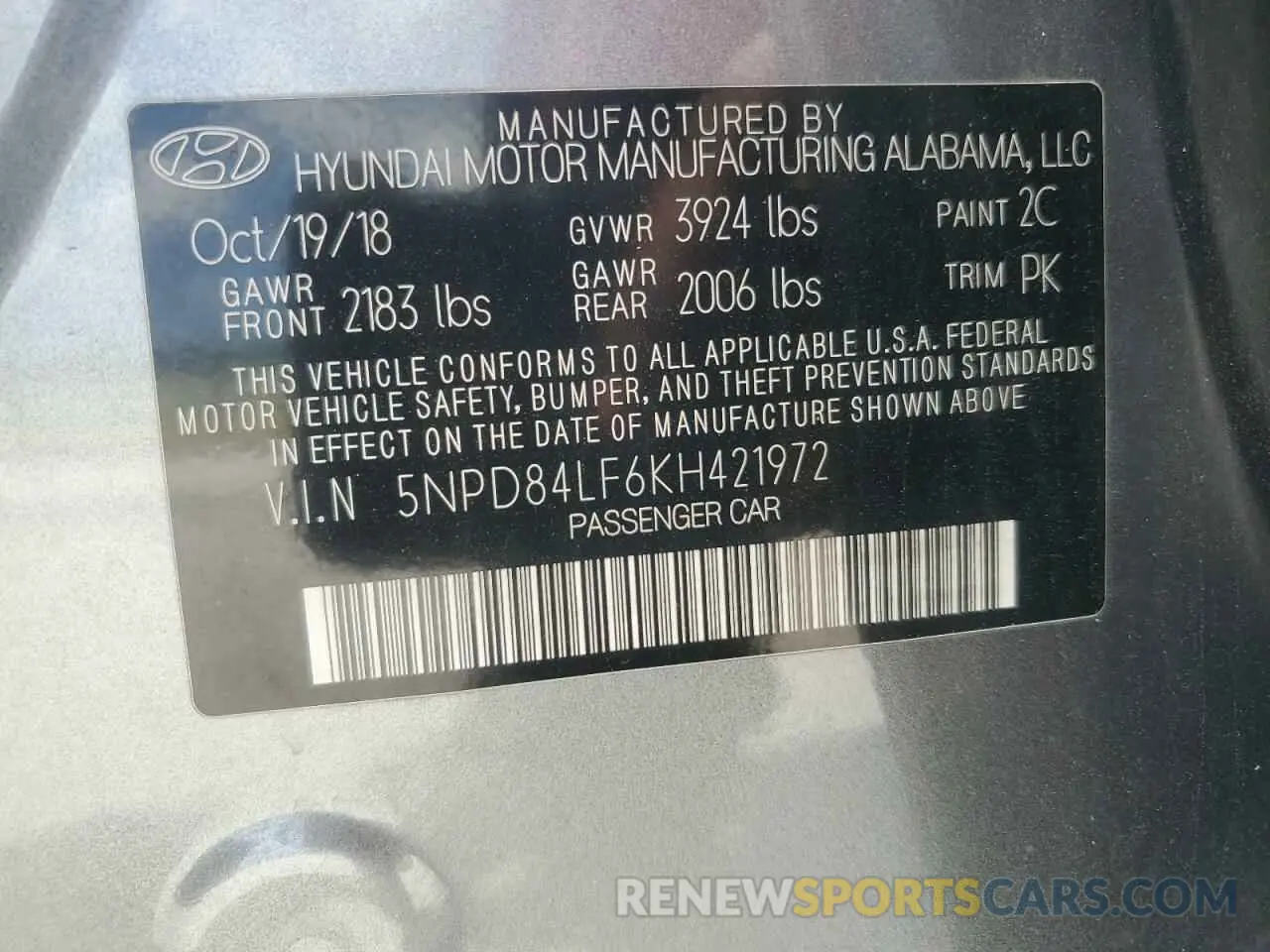 13 Photograph of a damaged car 5NPD84LF6KH421972 HYUNDAI ELANTRA 2019