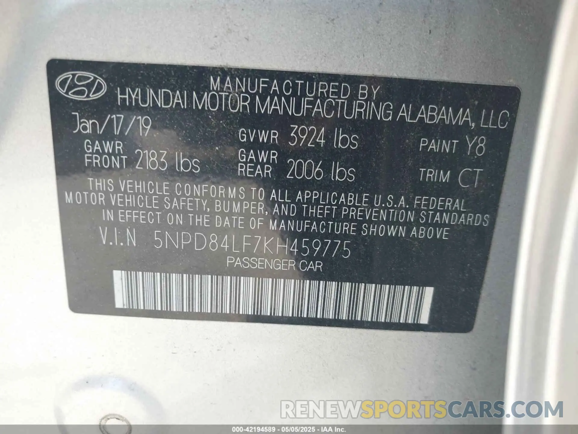 9 Photograph of a damaged car 5NPD84LF7KH459775 HYUNDAI ELANTRA 2019