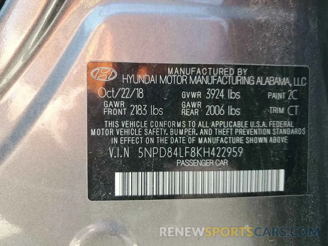 13 Photograph of a damaged car 5NPD84LF8KH422959 HYUNDAI ELANTRA 2019