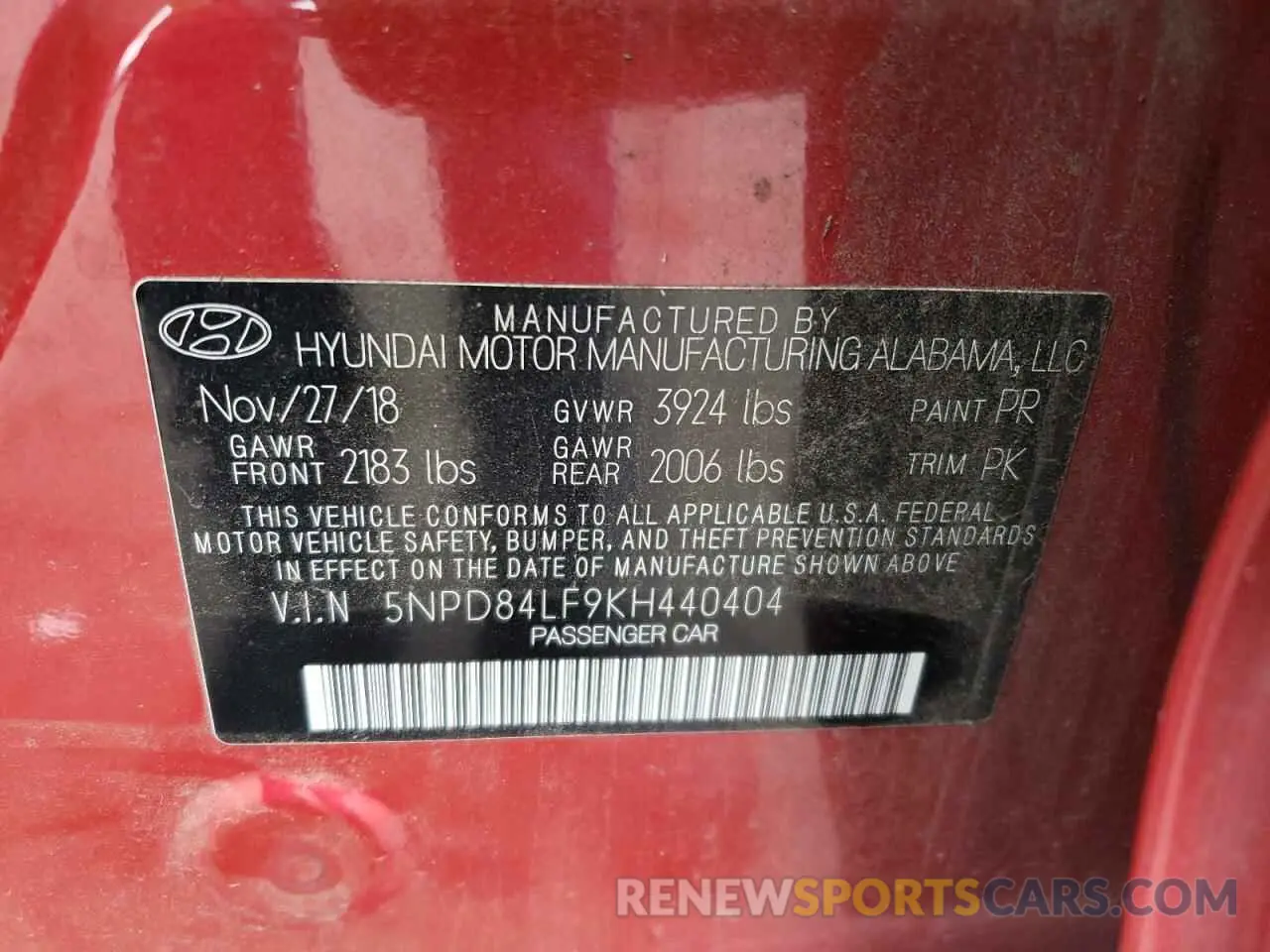 12 Photograph of a damaged car 5NPD84LF9KH440404 HYUNDAI ELANTRA 2019