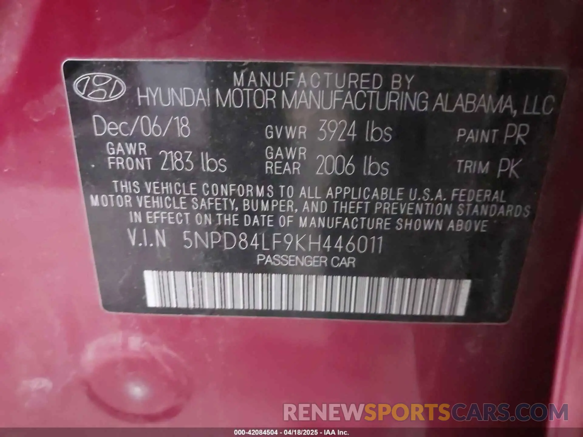 9 Photograph of a damaged car 5NPD84LF9KH446011 HYUNDAI ELANTRA 2019
