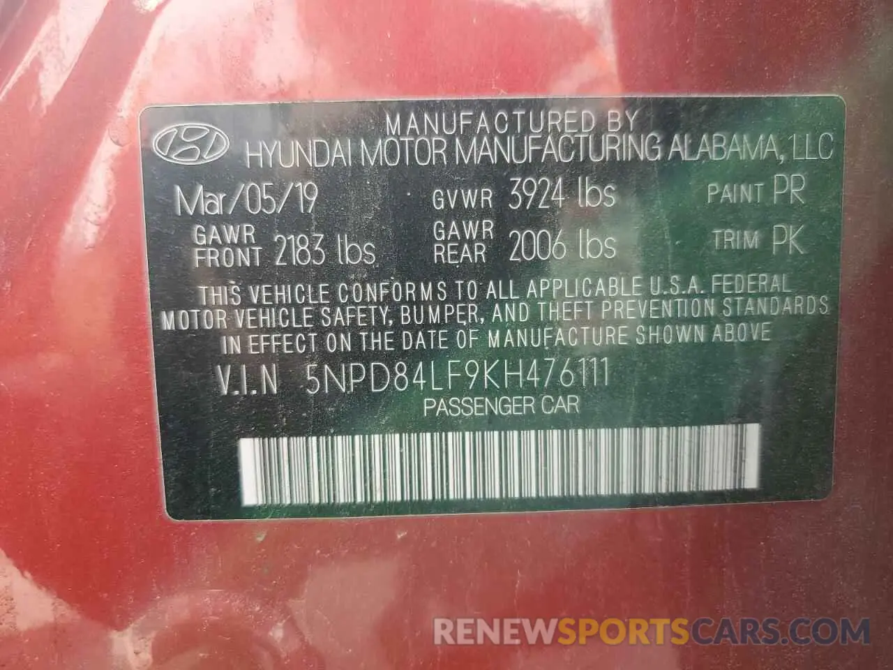 13 Photograph of a damaged car 5NPD84LF9KH476111 HYUNDAI ELANTRA 2019