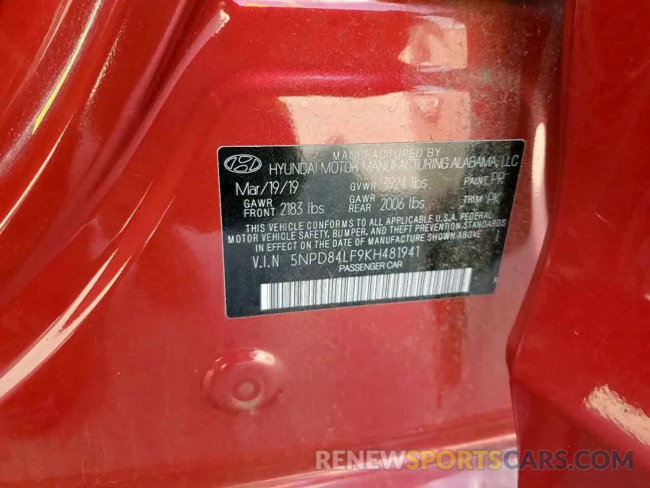 13 Photograph of a damaged car 5NPD84LF9KH481941 HYUNDAI ELANTRA 2019