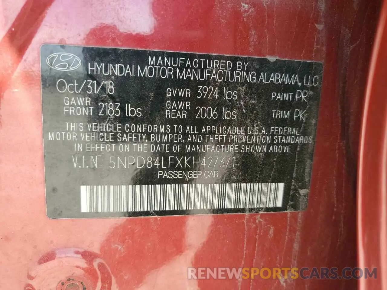 12 Photograph of a damaged car 5NPD84LFXKH427371 HYUNDAI ELANTRA 2019