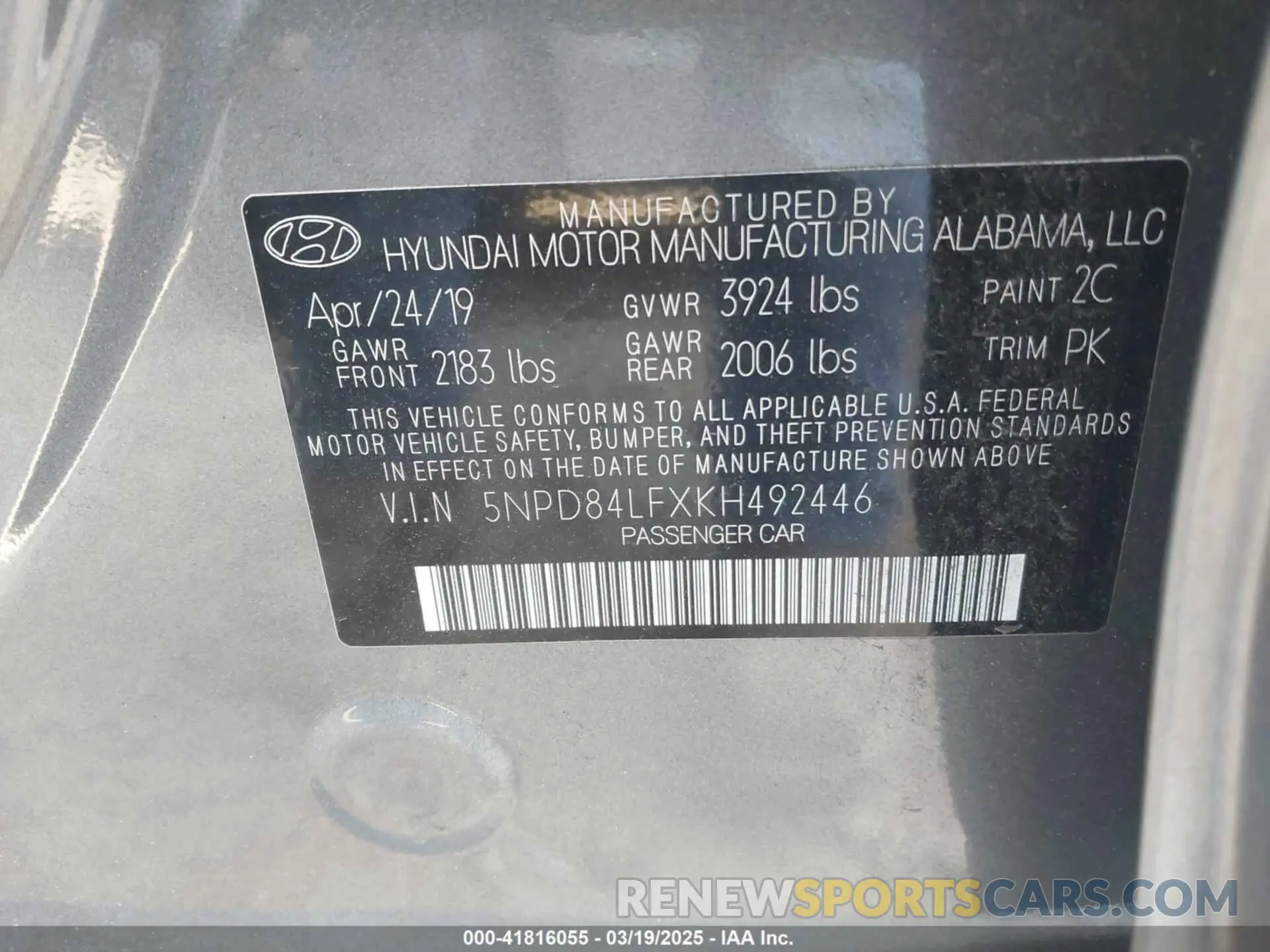 9 Photograph of a damaged car 5NPD84LFXKH492446 HYUNDAI ELANTRA 2019