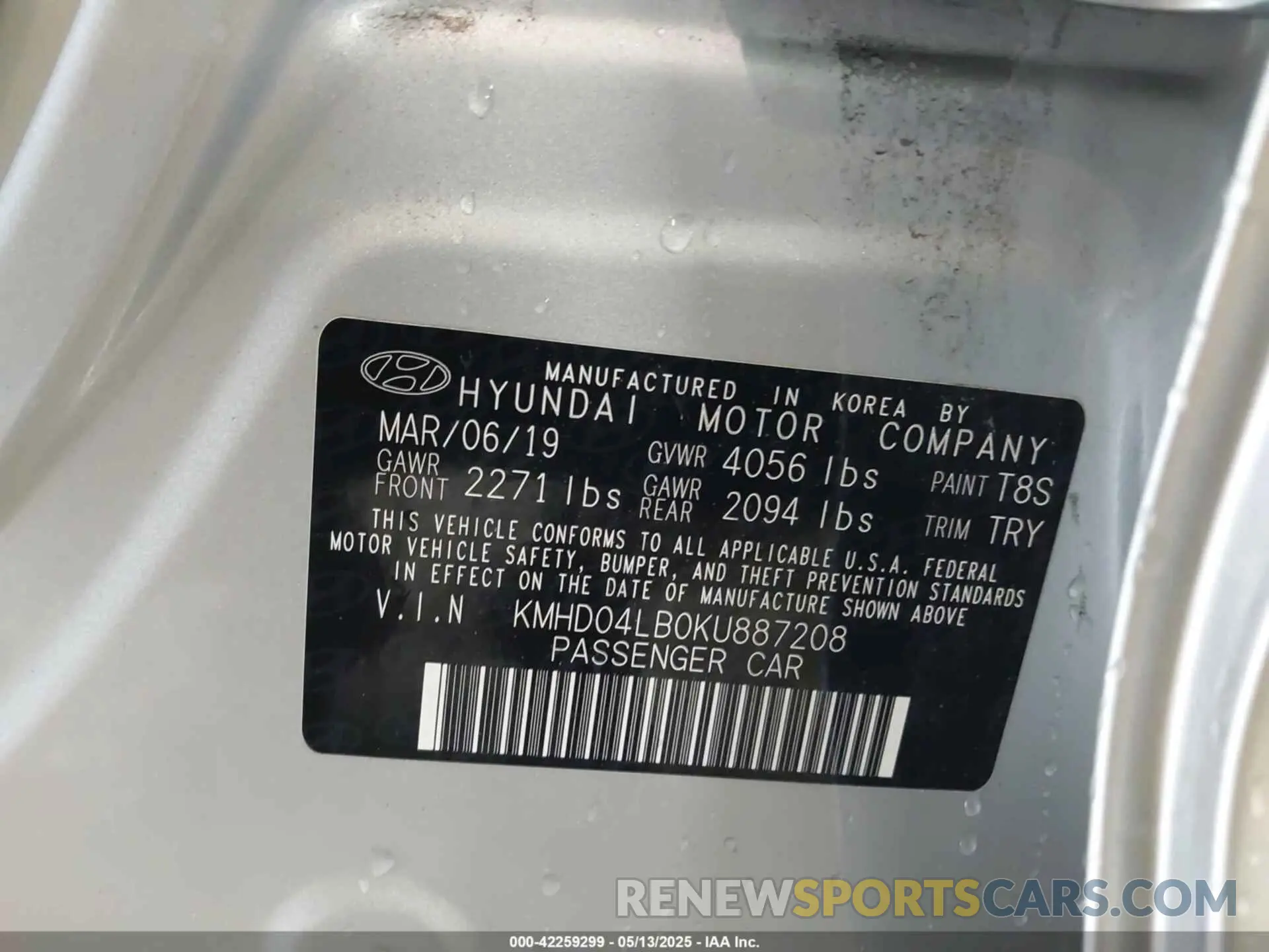 9 Photograph of a damaged car KMHD04LB0KU887208 HYUNDAI ELANTRA 2019