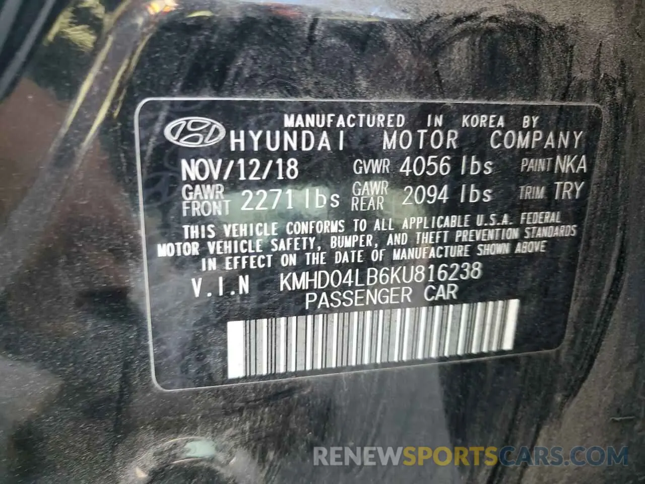 13 Photograph of a damaged car KMHD04LB6KU816238 HYUNDAI ELANTRA 2019