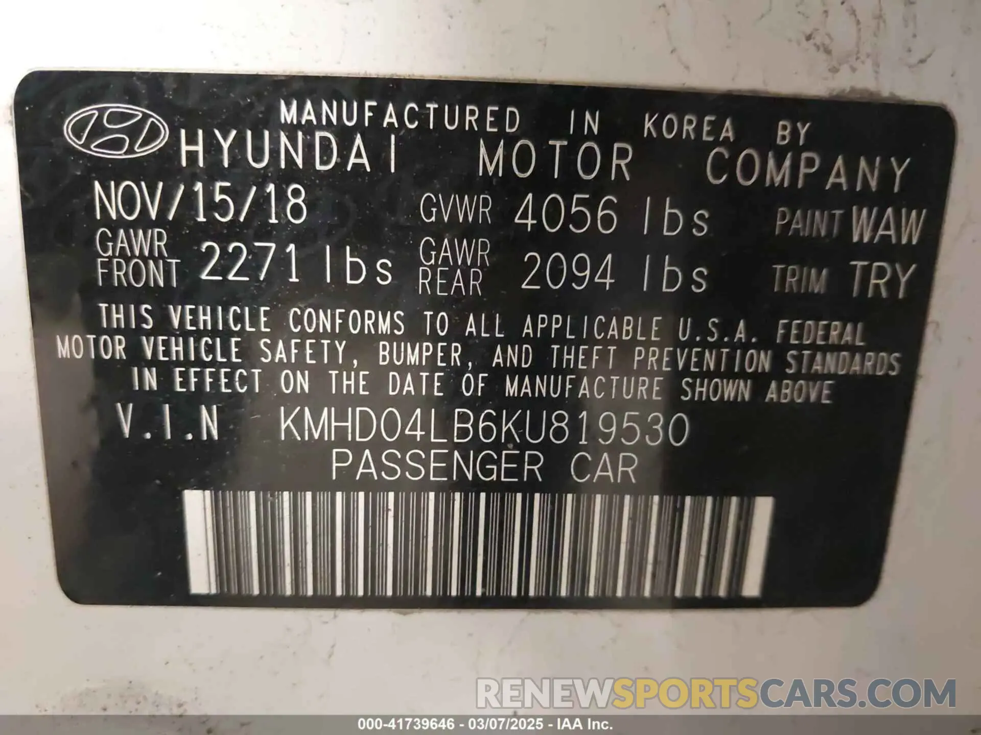 9 Photograph of a damaged car KMHD04LB6KU819530 HYUNDAI ELANTRA 2019