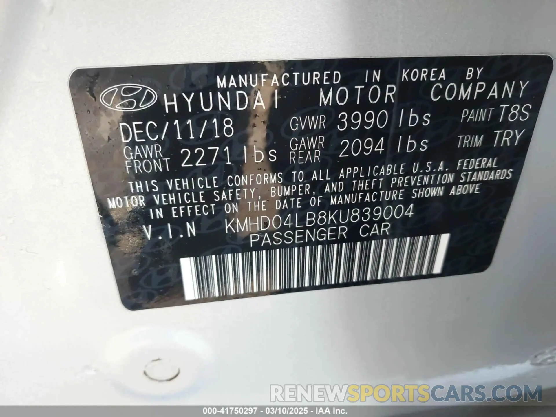 9 Photograph of a damaged car KMHD04LB8KU839004 HYUNDAI ELANTRA 2019