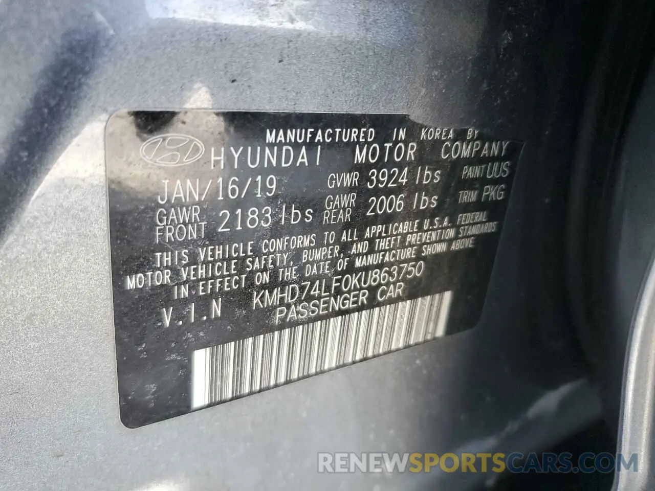 12 Photograph of a damaged car KMHD74LF0KU863750 HYUNDAI ELANTRA 2019