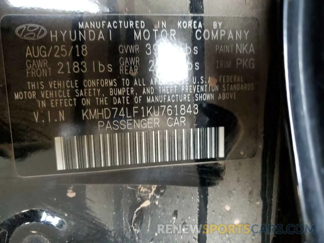 12 Photograph of a damaged car KMHD74LF1KU761843 HYUNDAI ELANTRA 2019