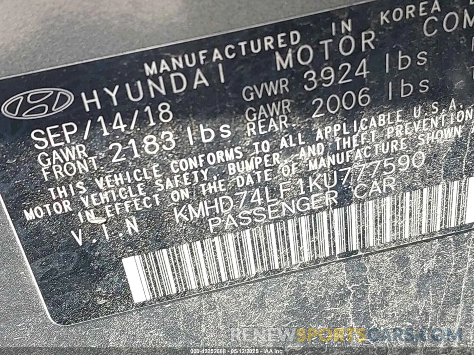 9 Photograph of a damaged car KMHD74LF1KU777590 HYUNDAI ELANTRA 2019