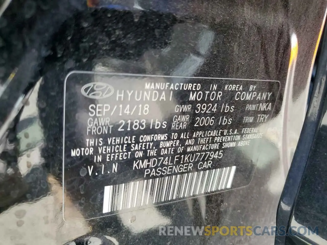 12 Photograph of a damaged car KMHD74LF1KU777945 HYUNDAI ELANTRA 2019