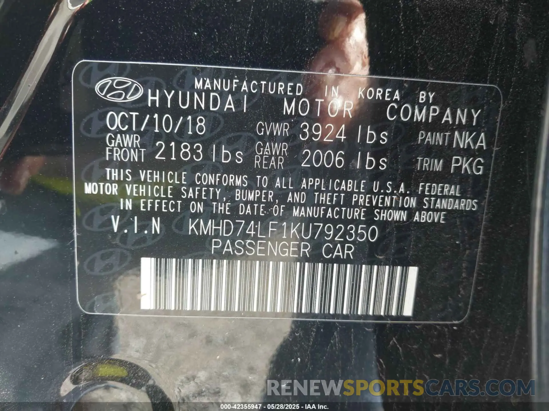 9 Photograph of a damaged car KMHD74LF1KU792350 HYUNDAI ELANTRA 2019