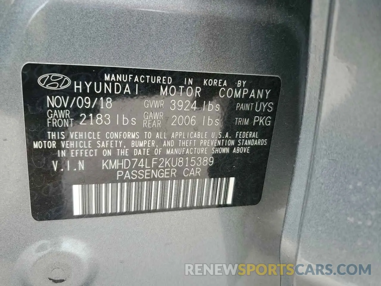 12 Photograph of a damaged car KMHD74LF2KU815389 HYUNDAI ELANTRA 2019