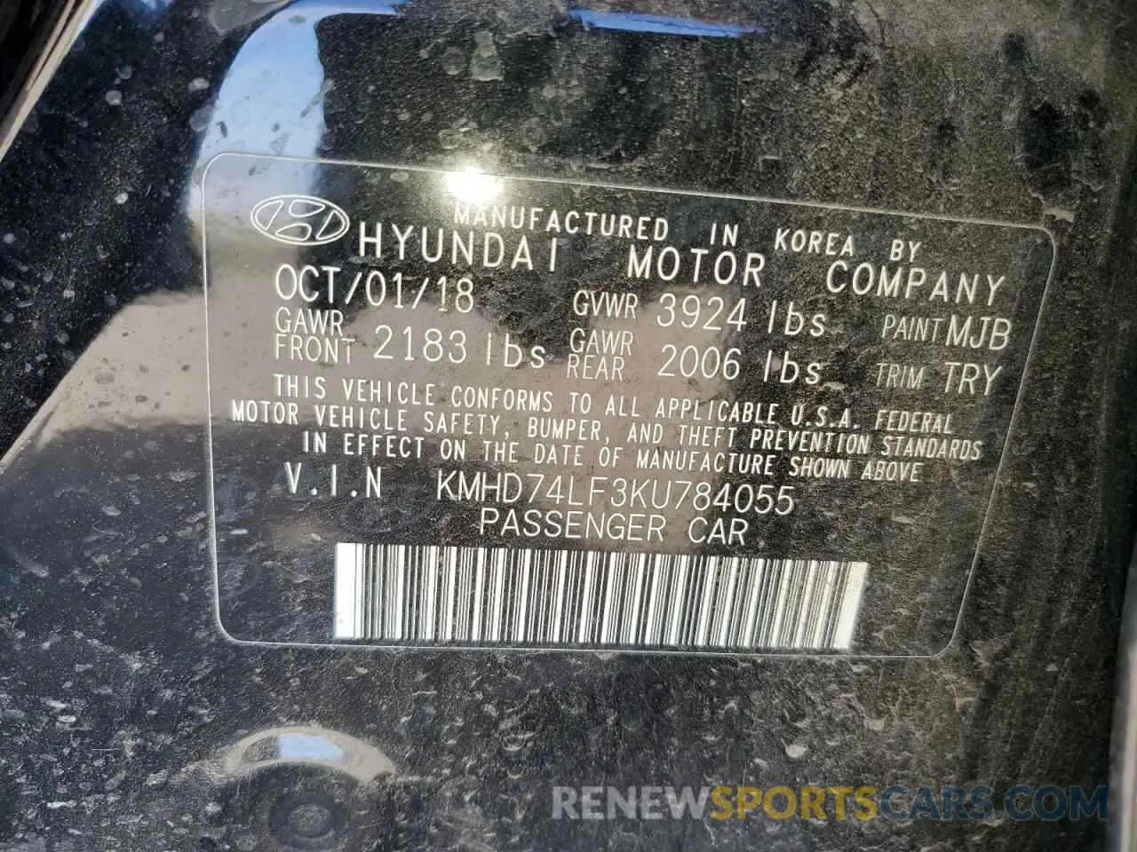 12 Photograph of a damaged car KMHD74LF3KU784055 HYUNDAI ELANTRA 2019