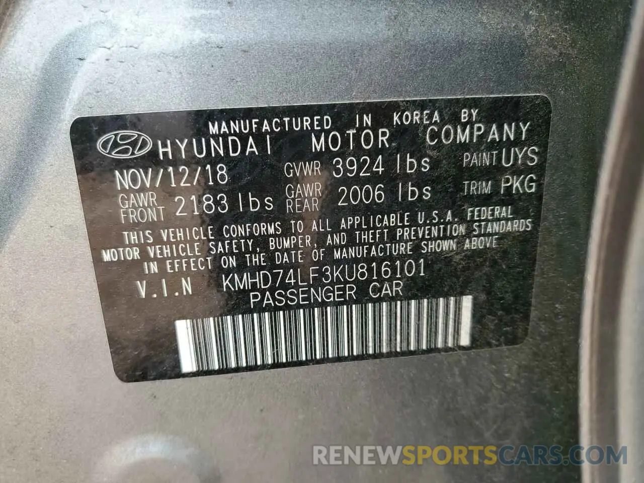 12 Photograph of a damaged car KMHD74LF3KU816101 HYUNDAI ELANTRA 2019