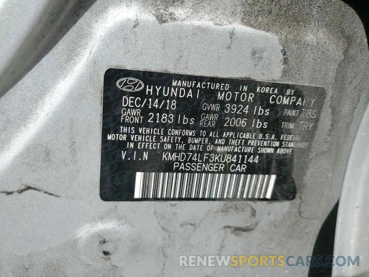 13 Photograph of a damaged car KMHD74LF3KU841144 HYUNDAI ELANTRA 2019