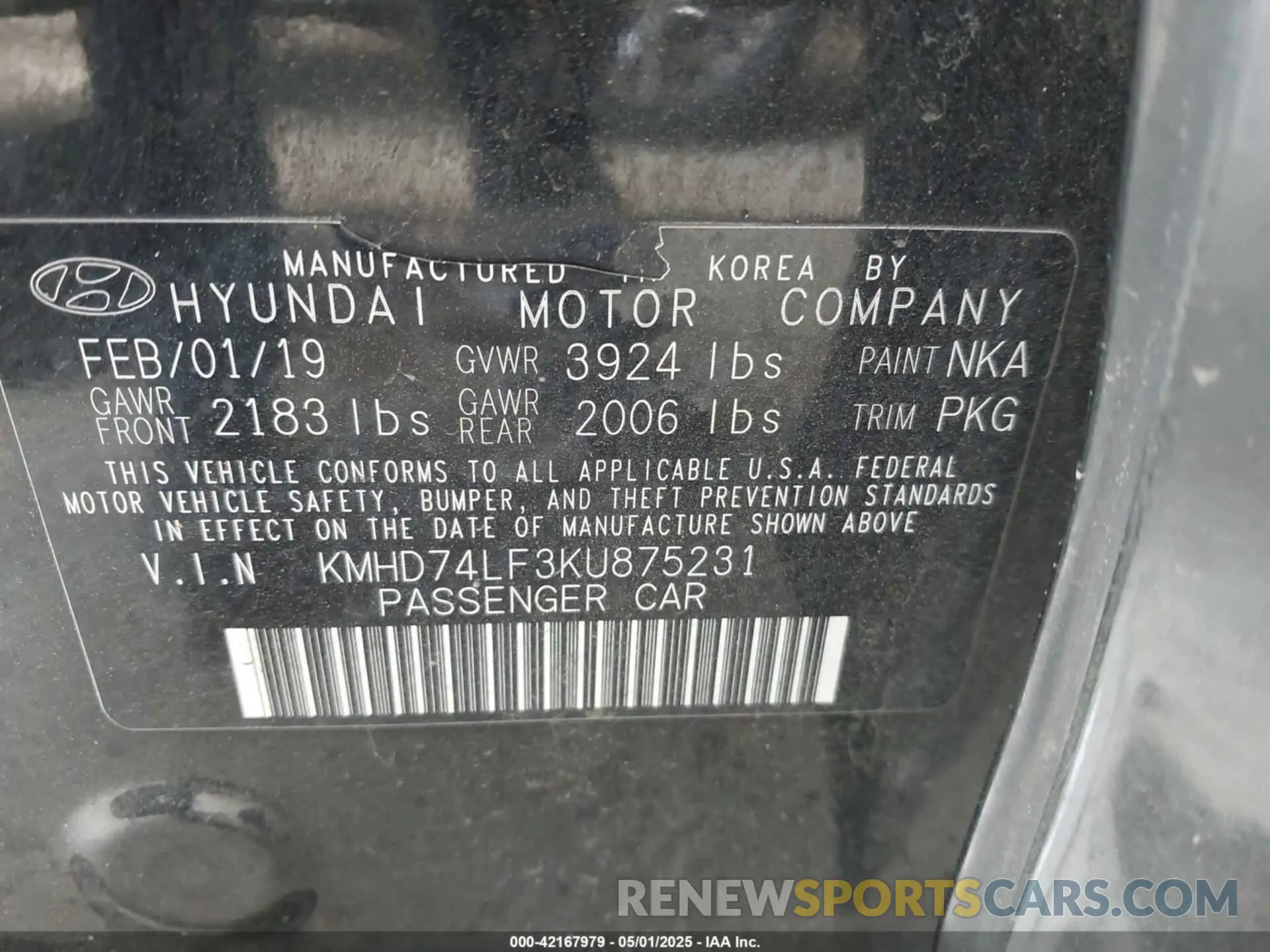 9 Photograph of a damaged car KMHD74LF3KU875231 HYUNDAI ELANTRA 2019