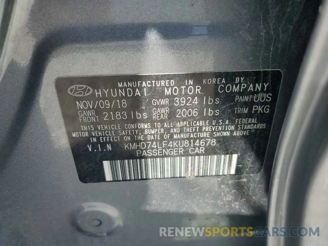 13 Photograph of a damaged car KMHD74LF4KU814678 HYUNDAI ELANTRA 2019